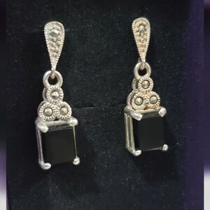 Vtg. Sterling Silver Onyx and Marcasite Earrings